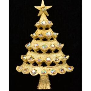 Mylu Vintage Christmas Pin Brooch Aurora Borealis Rhinestone Tree Signed Bin8